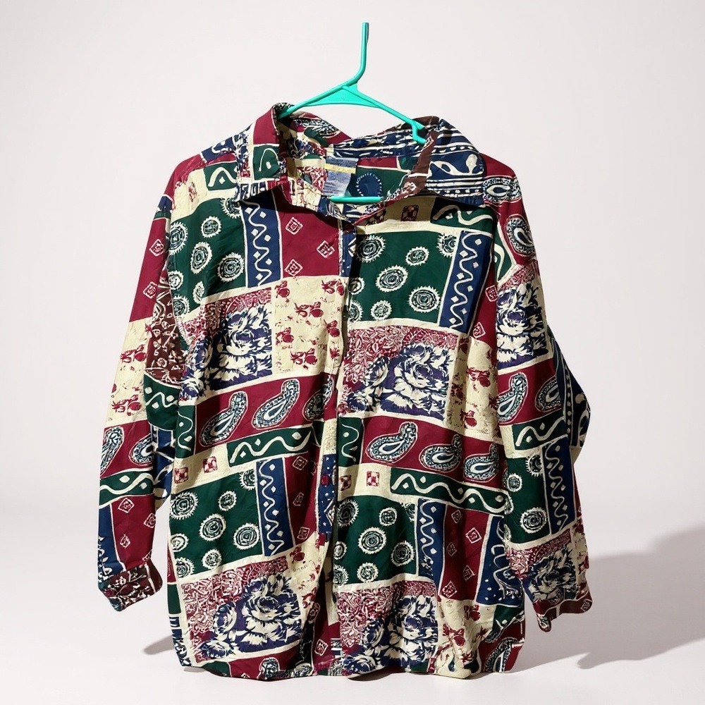 Backroad Blues‎ Plus Size 18W Silk Abstract Print Button Down Shirt Women